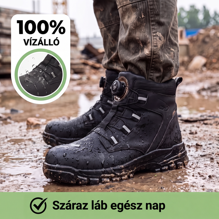 Sáros építkezésen álló viselő lába, fekete csizmán vízcseppek, a sarokban vízlepergést mutató kinagyított kör 5