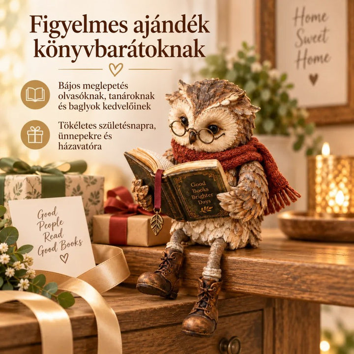 A bagolyfigura egy komódon ül, ajándékcsomagok, szalagok és egy üdvözlőkártya mellett, ajándékötletként bemutatva. 7