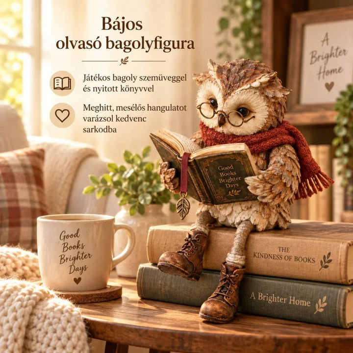A bagoly két régi könyv halmán ül, mellette gőzölgő bögre és kötött takaró egy hangulatos olvasósarokban. 3