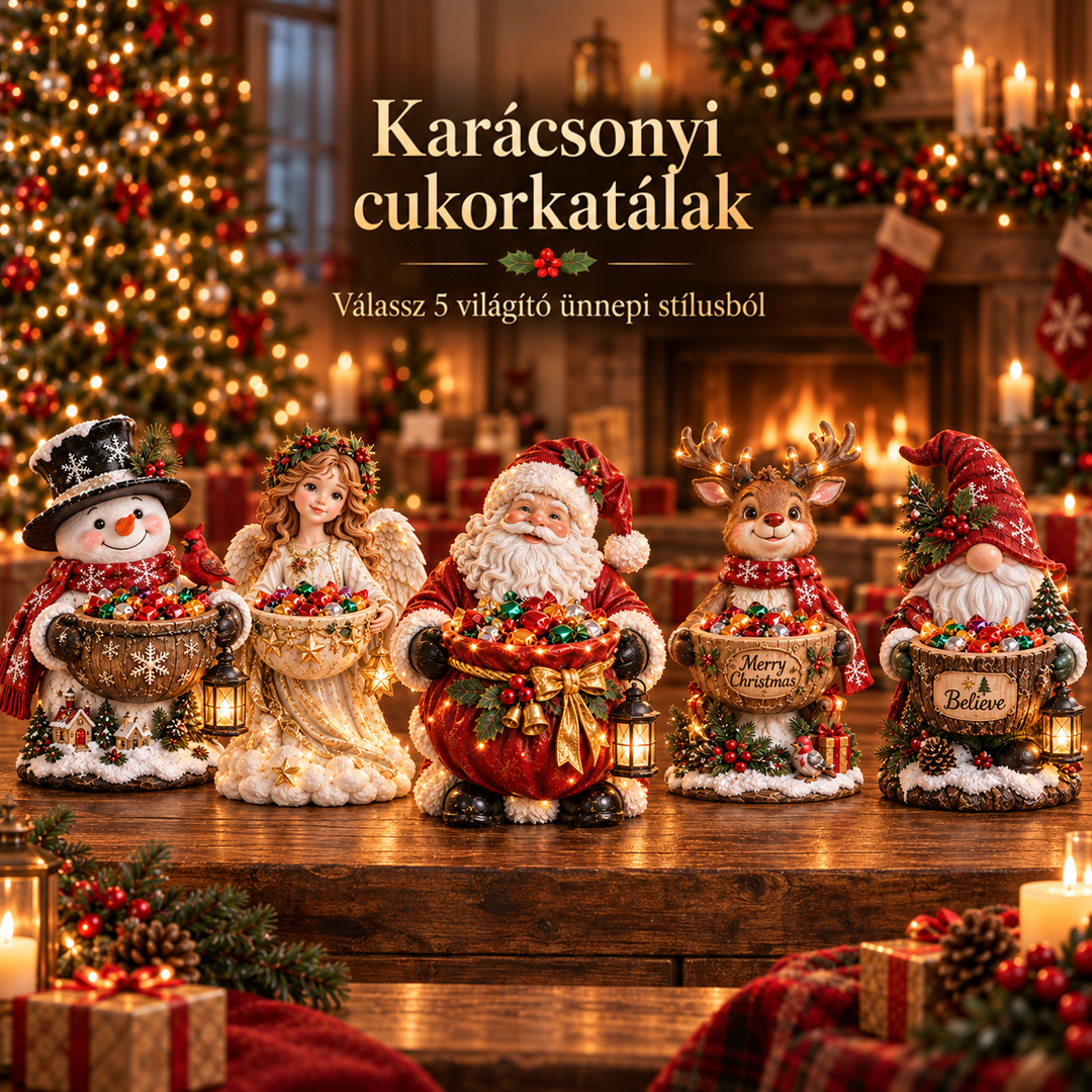 Mind az öt figura egymás mellett egy fa asztalon: hóember, angyal, Mikulás, rénszarvas és manó 6