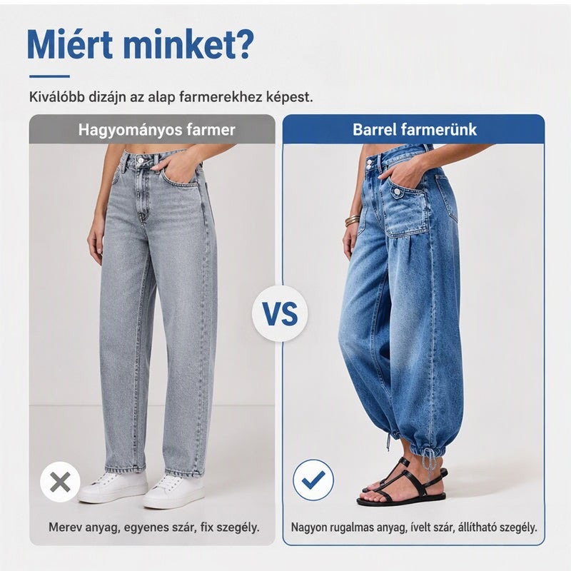 Összehasonlító kép: balra egyenes szárú, szürkés farmer fehér cipővel, jobbra ívelt szárú kék barrel farmer szandállal. 5