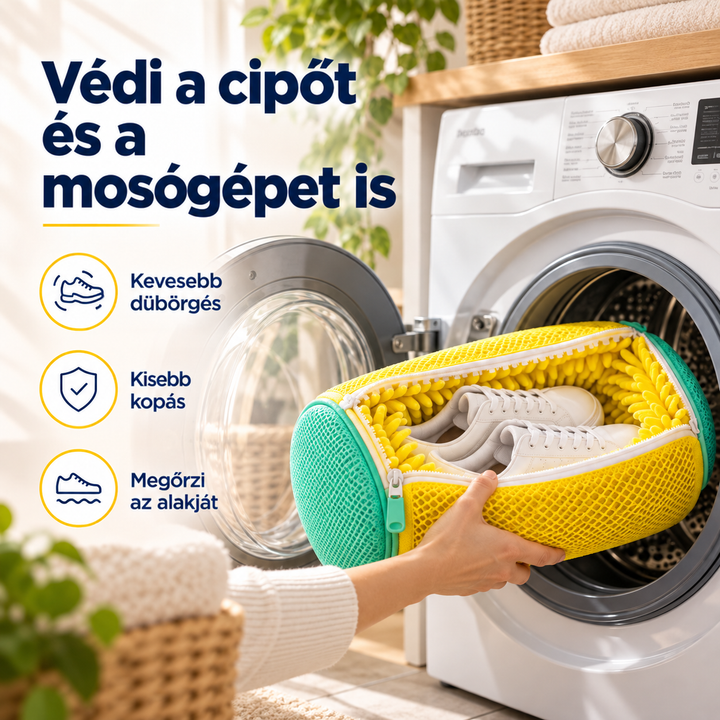 Kéz a cipővel teli mosózsákot teszi a nyitott mosógép dobjába 3