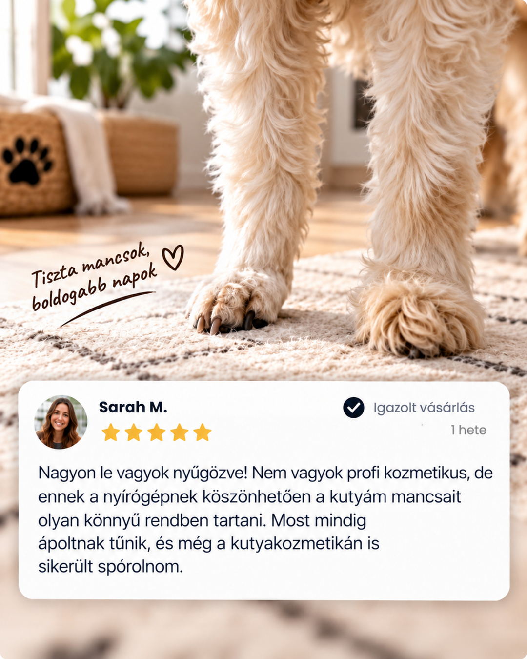 Bolyhos, krémszínű kutya mancsai szőnyegen, alatta ötcsillagos vásárlói vélemény szövege 9