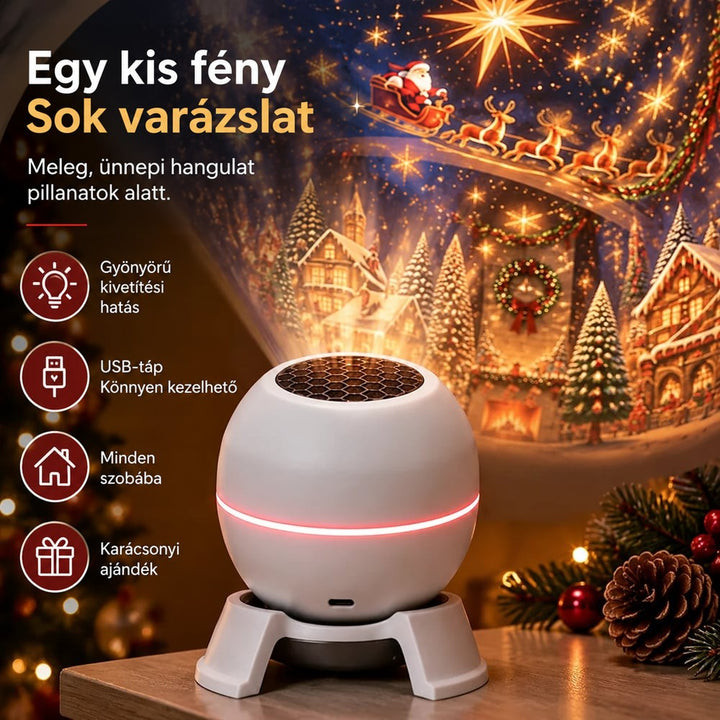 Közeli kép a rózsaszín fényszalagos fehér projektorról, ahogy havas falut és Mikulást vetít, fenyőágak mellett 4