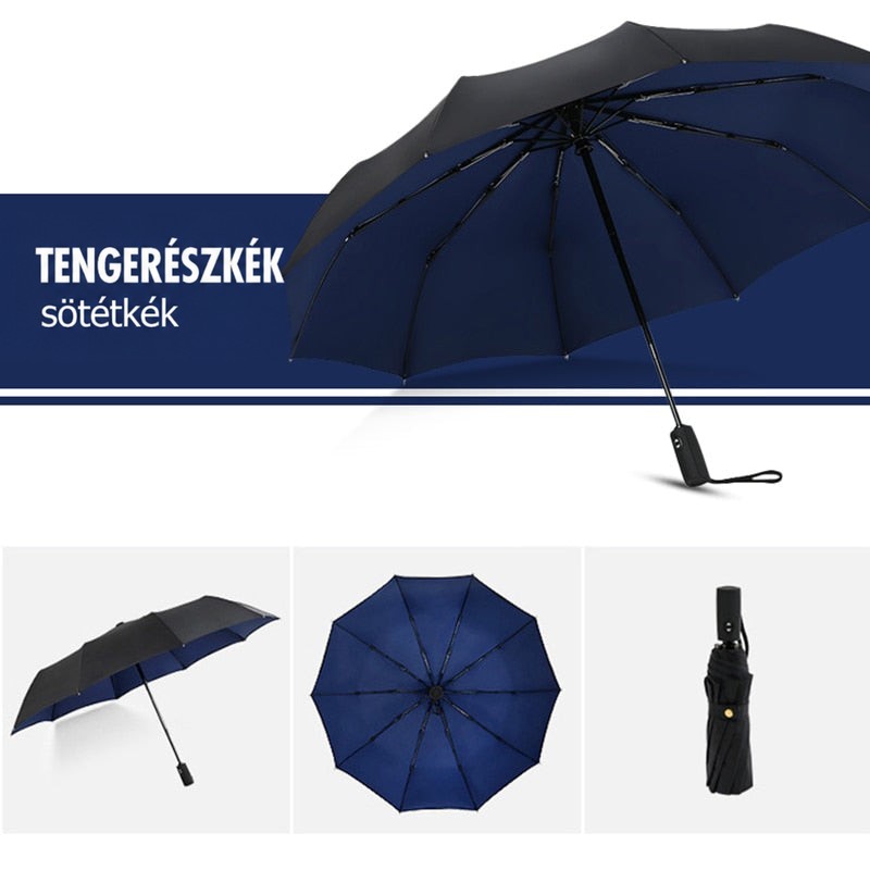 Sötétkék belsővel készült változat nyitva, alulnézetből és összecsukva bemutatva 3