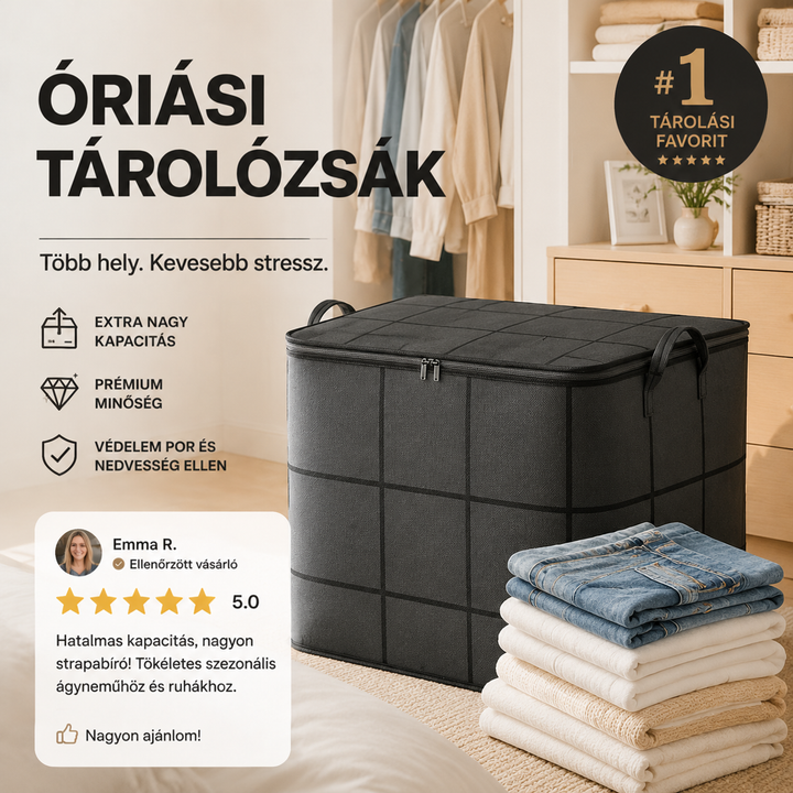 Fekete rácsmintás tárolótáska fogantyúkkal a gardrób előtt, mellette összehajtott farmerek és fehér ruhák kupaca. 5