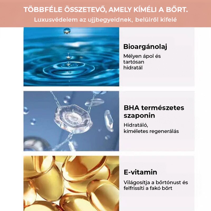 Három összetevőt bemutató kép: vízcsepp, átlátszó molekulaszerkezet és aranyszínű vitaminkapszulák 4
