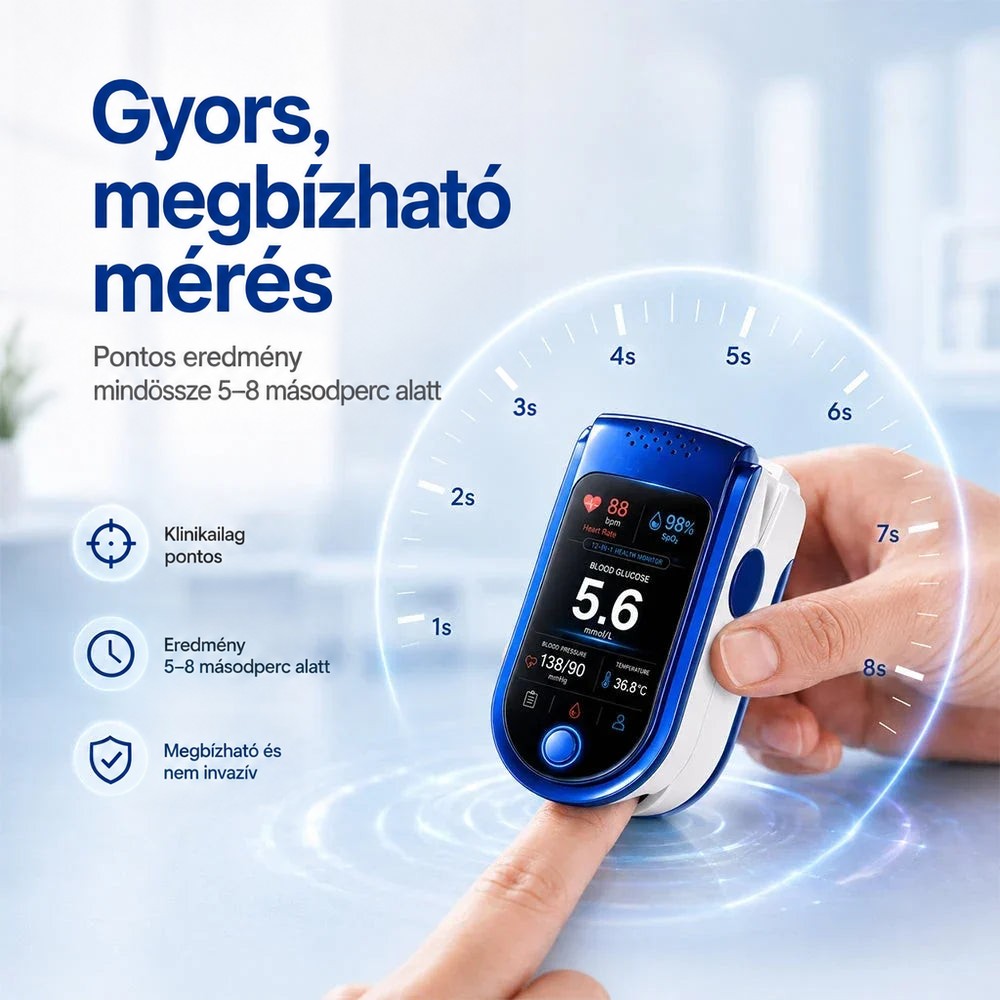 Egy ujj a monitorba csíptetve mérés közben, a készülék körül másodperc-skálával jelzett gyors mérési idő. 12