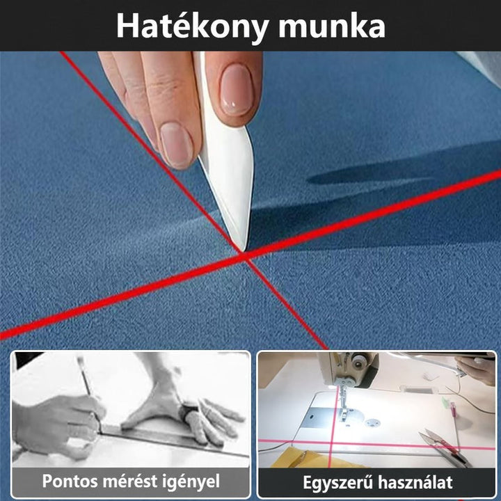 Kék szöveten piros lézeres kereszt, egy kéz jelölőeszközzel; alatta a hagyományos mérés és a lézeres használat 6