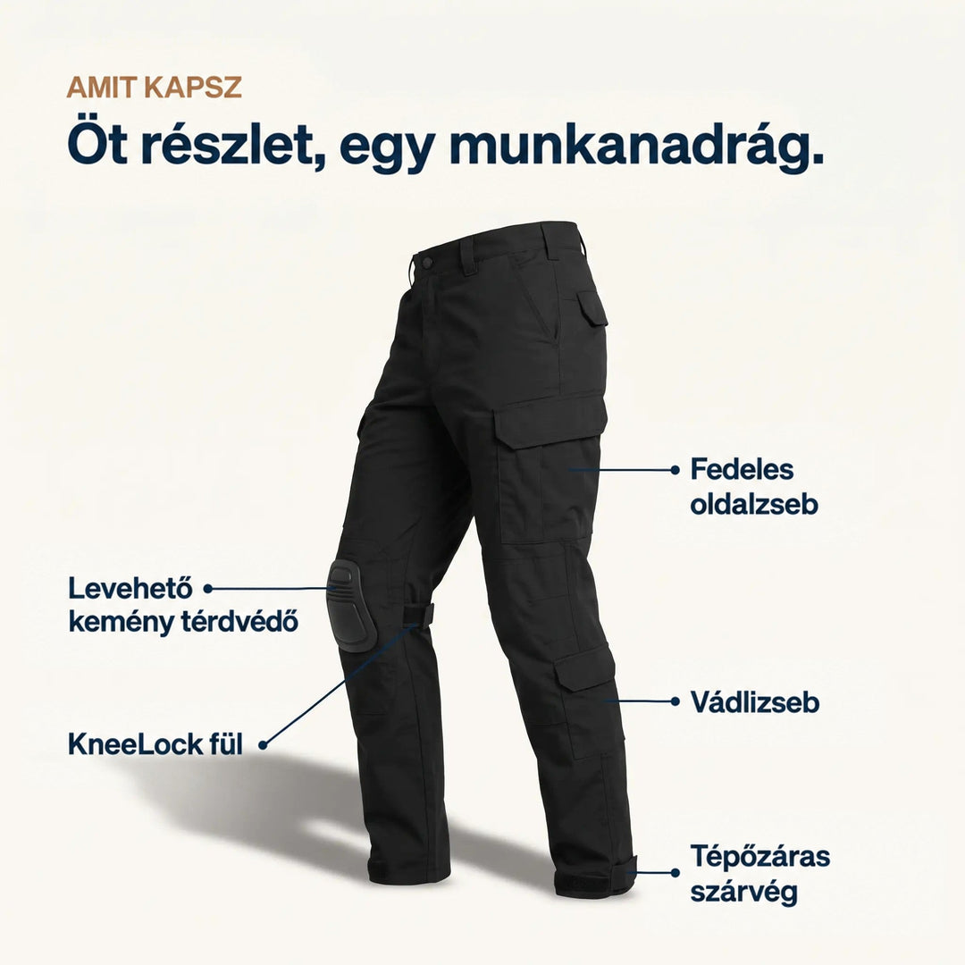 Fekete nadrág feliratozott ábrán: levehető kemény térvédő, rögzítőfül, rakodózseb, lábszárzseb és tépőzáras nadrágszár-záródás. 5