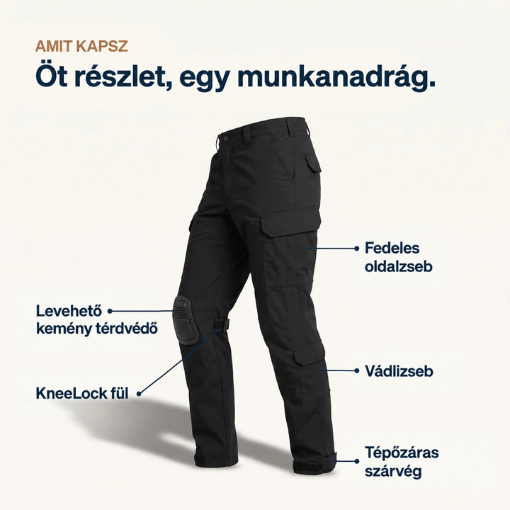 Fekete nadrág feliratozott ábrán: levehető kemény térvédő, rögzítőfül, rakodózseb, lábszárzseb és tépőzáras nadrágszár-záródás. 5