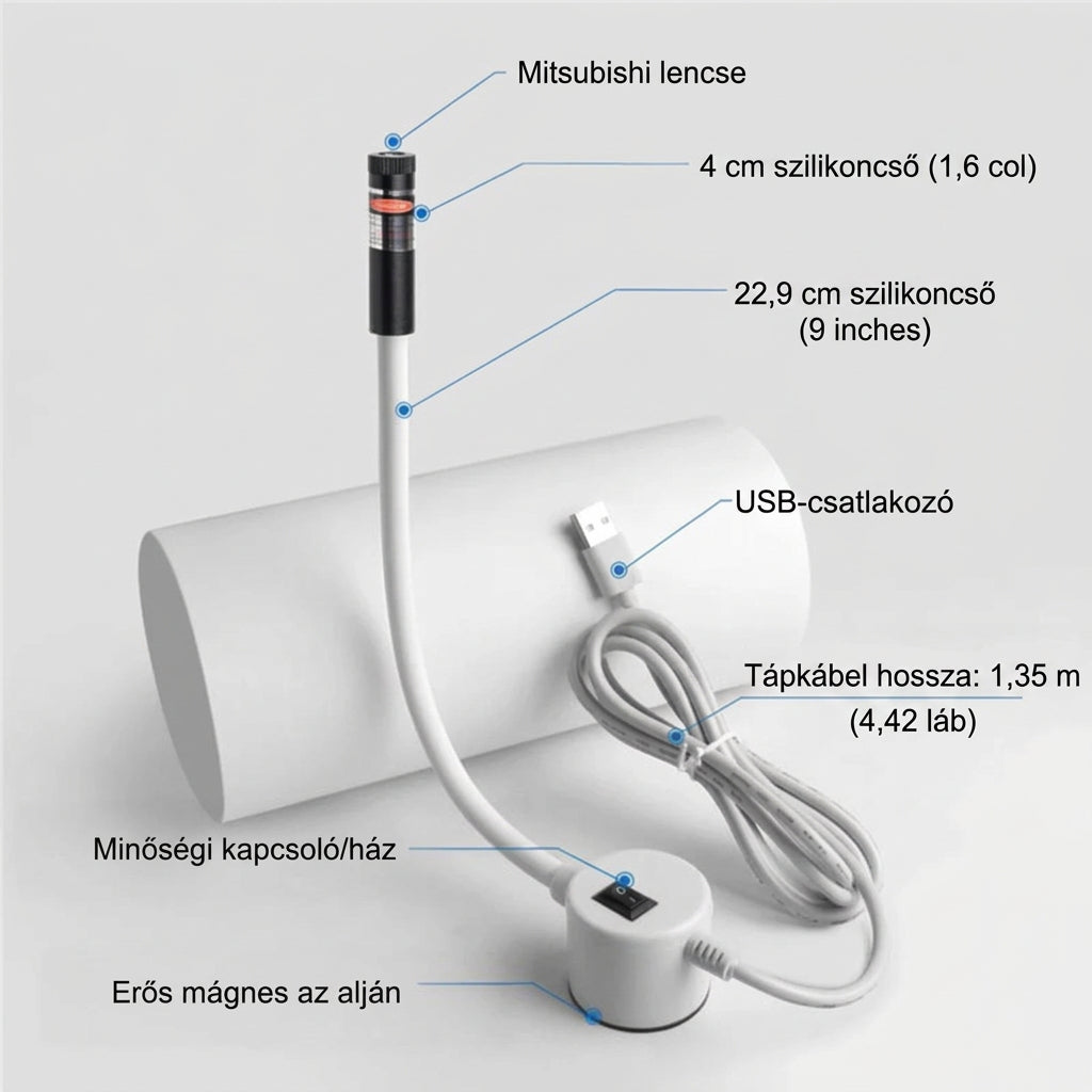 Jelölt részekkel ellátott termékábra: lézerfej, szilikoncső, kapcsoló, mágneses talp és USB-csatlakozós kábel 4