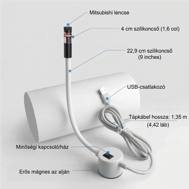 Jelölt részekkel ellátott termékábra: lézerfej, szilikoncső, kapcsoló, mágneses talp és USB-csatlakozós kábel 4
