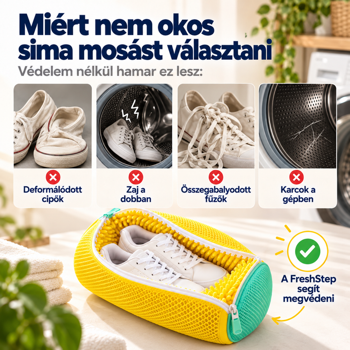 Négy kép a cipő sima mosásának hátrányairól, alatta a zsák kinyitva, cipővel 2