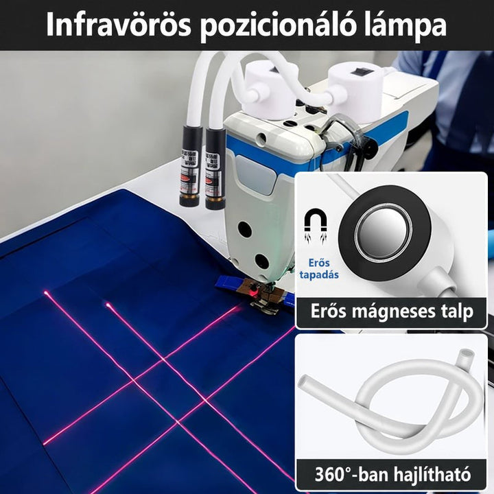 Két lézeres vezető egy varrógépen, kék anyagon piros keresztvonalakkal, kiemelve a mágneses talpat és a hajlítható szárat 2