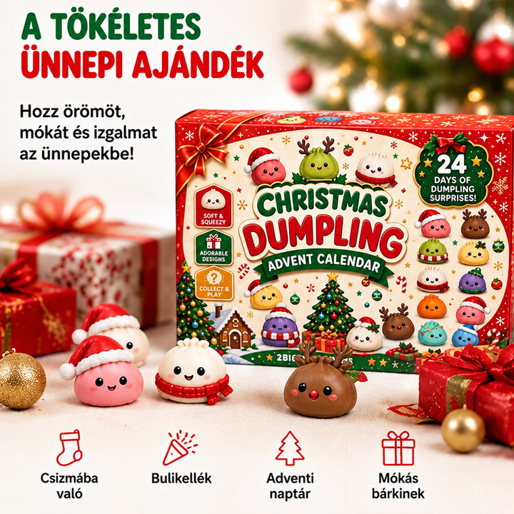 Az adventi naptár doboza karácsonyi ajándékok és díszek között, előtte sapkás és agancsos gombóc figurák 2