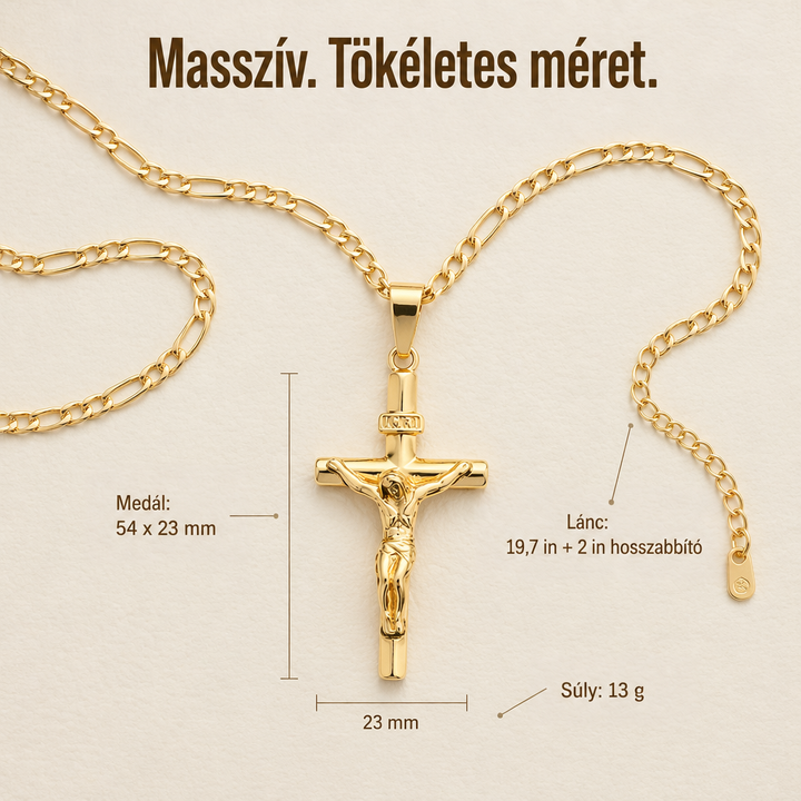 Aranyszínű feszület Figaro lánccal, síkra fektetve, méretekkel és a lánc hosszával feliratozva 6