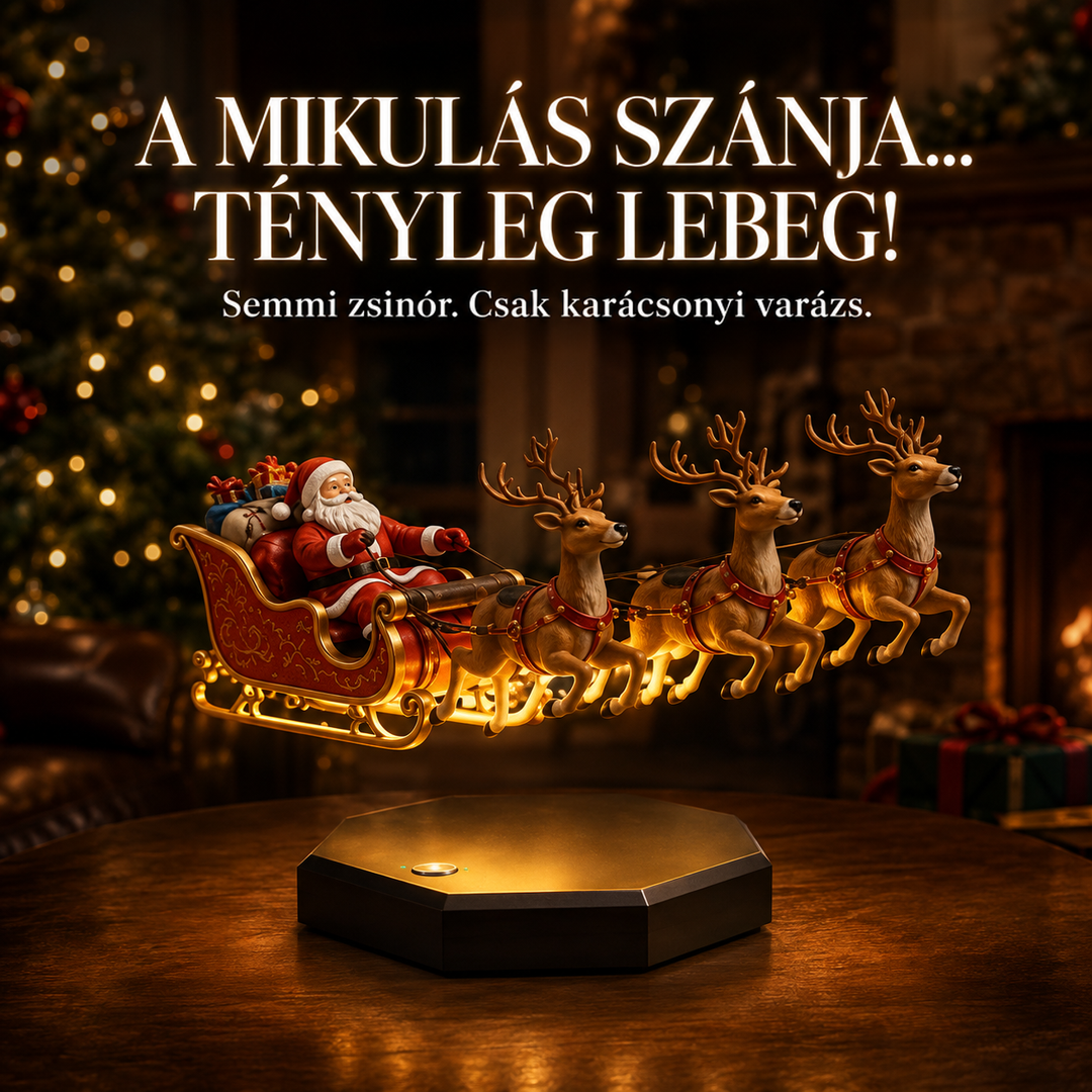 Mikulás szánja rénszarvasokkal lebeg a világító nyolcszögletű talp fölött, háttérben karácsonyfa és kandalló 1