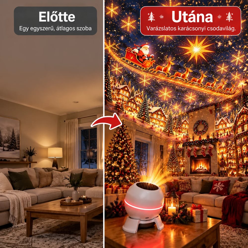 Előtte-utána összehasonlítás: egy hétköznapi nappali, majd ugyanaz a szoba a projektor fényeivel karácsonyi díszben 3