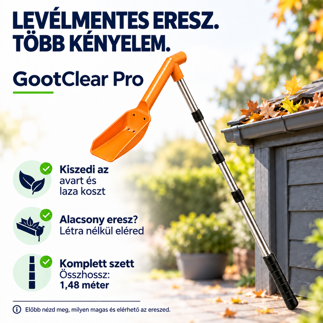 Narancssárga lapát és rozsdamentes teleszkópos rúd egy alacsony, leveles ereszcsatorna mellett, kerti házikónál 1
