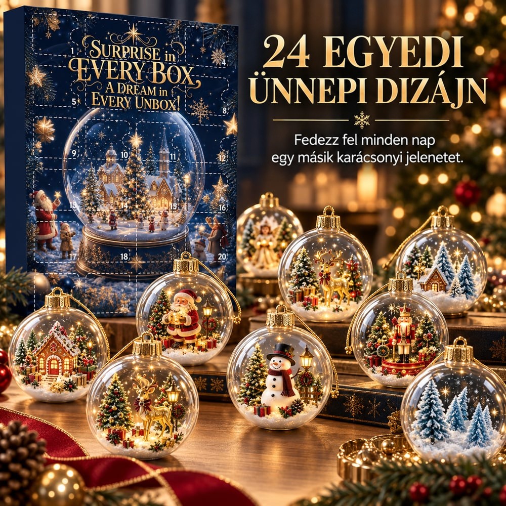 A sötétkék naptárdoboz előtt nyolc átlátszó gömbdísz áll, bennük télapó, hóember, szarvas és diótörő 1