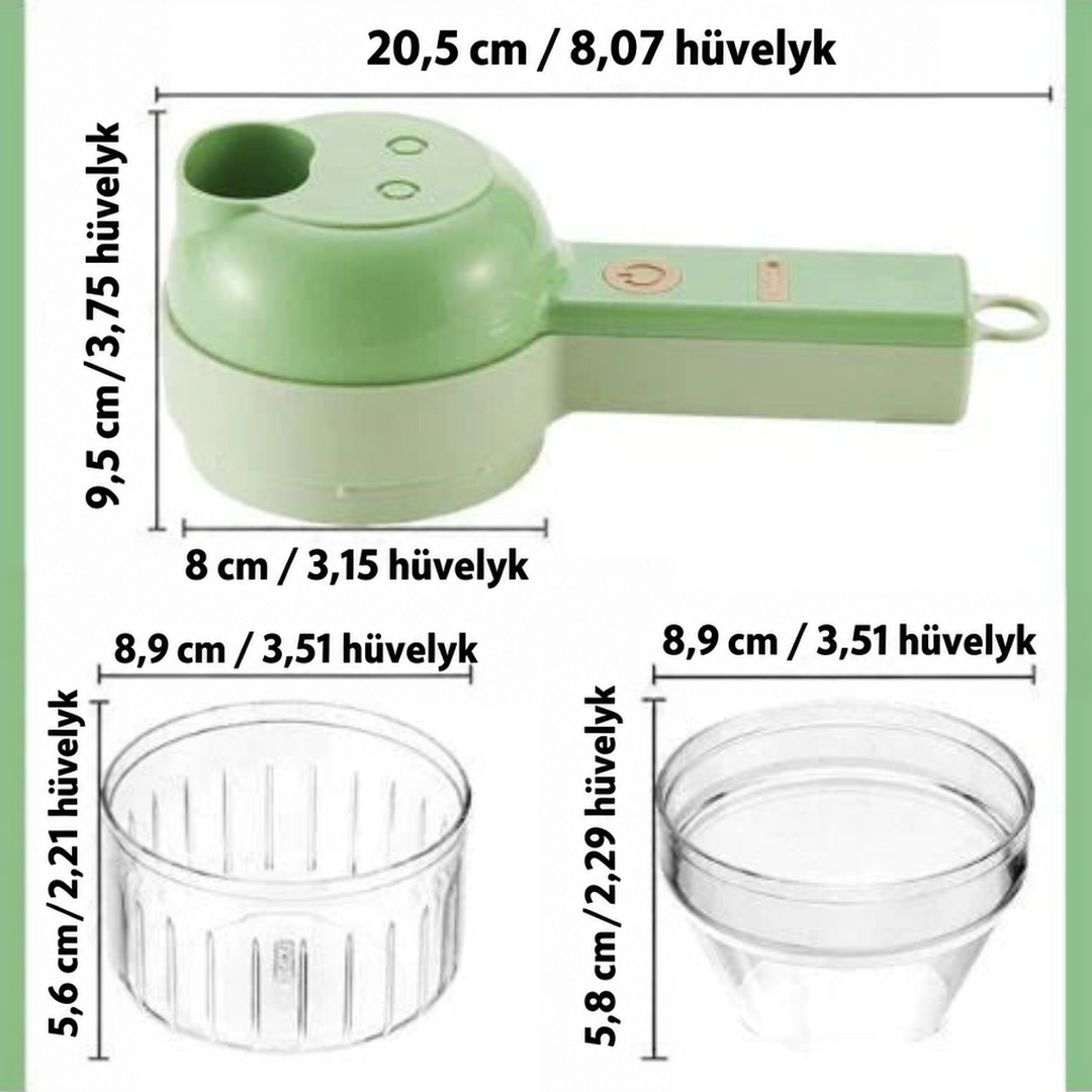 Méretekkel ellátott ábra a készülékről és a két átlátszó tárolóról, centiméterben és hüvelykben megadva 8