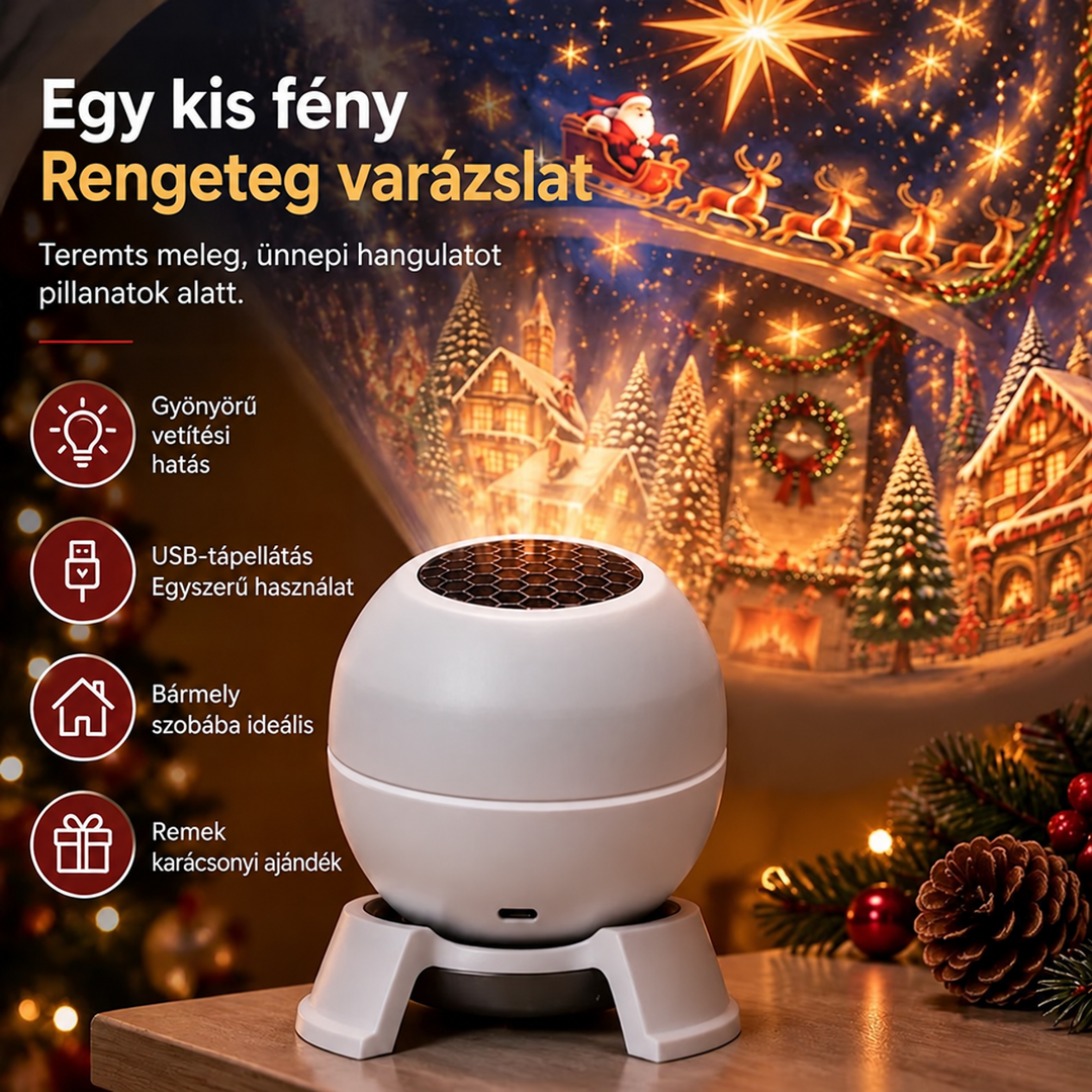 A projektor közelről, hátul az USB-csatlakozóval, mögötte a falon a vetített szán és a falu; mellette tobozos fenyőág. 4
