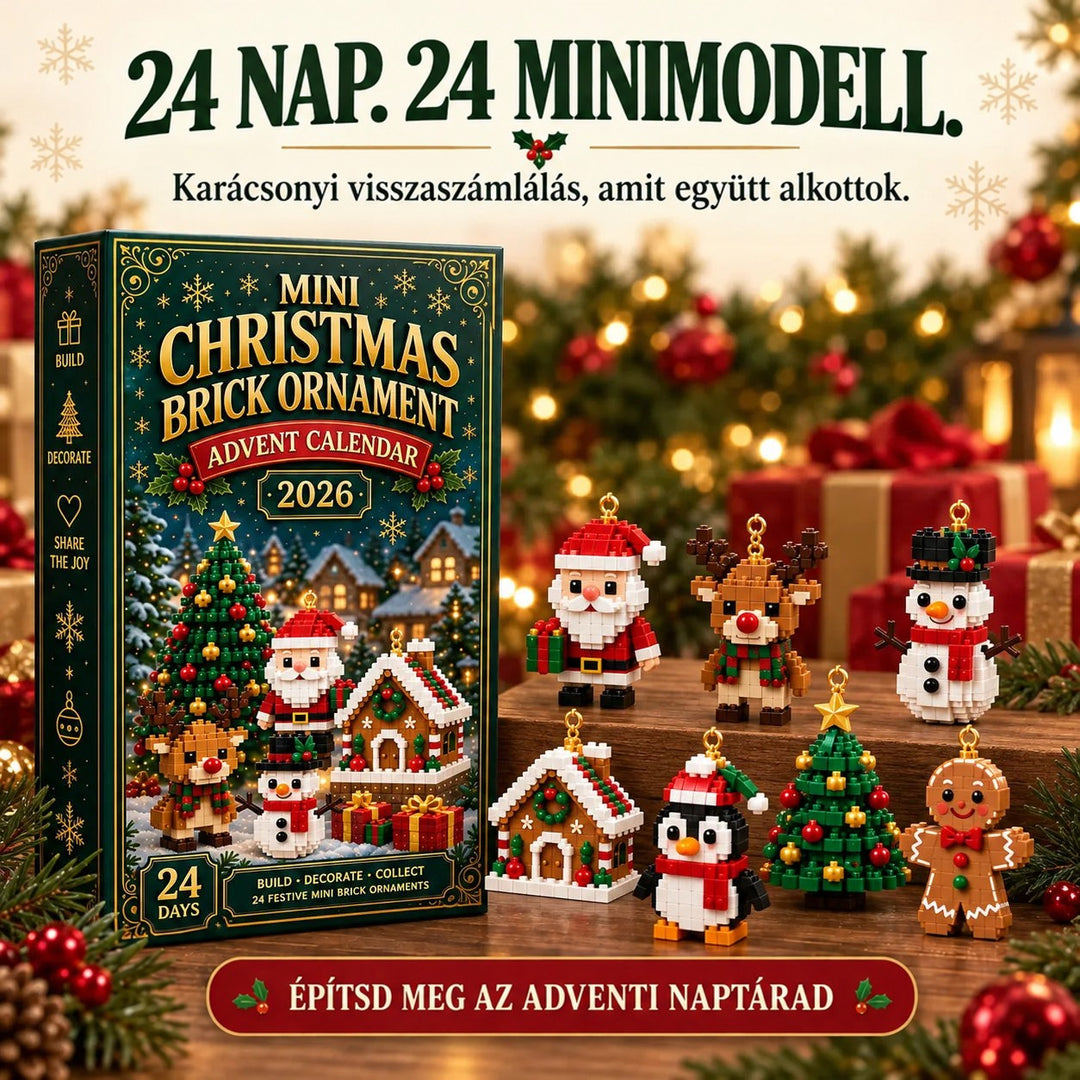 A doboz mellett fa lépcsőn sorakozó nyolc kész építőkocka-figura: Mikulás, rénszarvas, hóember, ház, pingvin, fenyő és mézeskalács-ember. 8