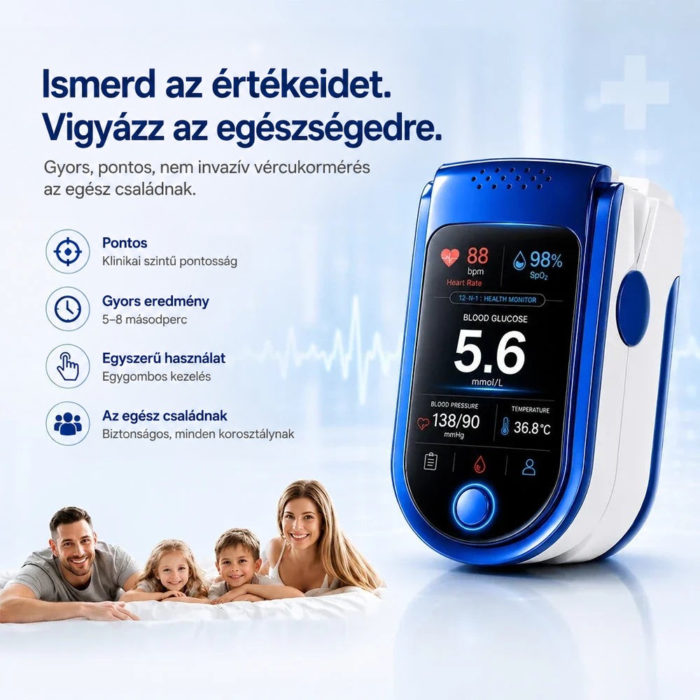 A kék-fehér egészségmérő jobb oldalon, bal oldalon négy jellemző ikonokkal, alul mosolygó család fekszik egy ágyon. 5