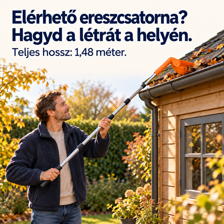 Mosolygó férfi kerti fészer ereszcsatornáját tisztítja a kinyújtott rúddal, létra nélkül, őszi kertben 6