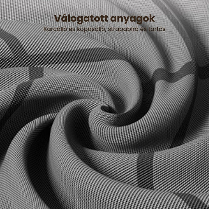 Szürke szövet közeli képe, kavargó redőkkel; jól látszik a sűrű szövésű anyag és a sötétebb rácsos csík. 10