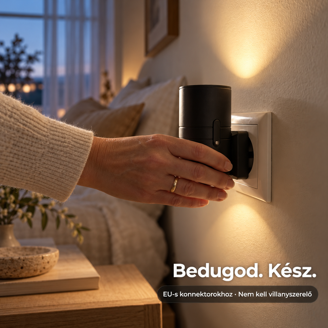 Egy kéz bedugja a fekete lámpát a hálószobai konnektorba, a fal meleg fényt kap 4