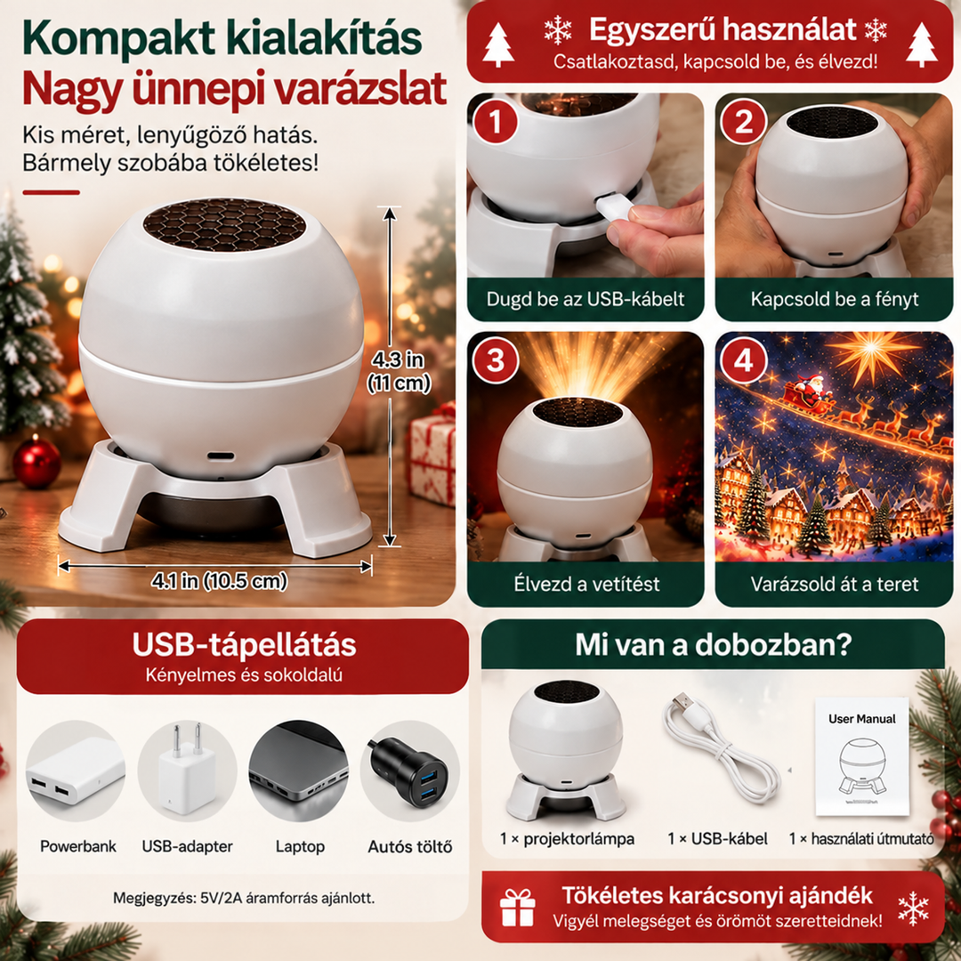 Összefoglaló kép a projektor méreteiről, négy lépéses használatáról, USB-s áramforrásairól és a doboz tartalmáról: projektor, kábel, kézikönyv. 7