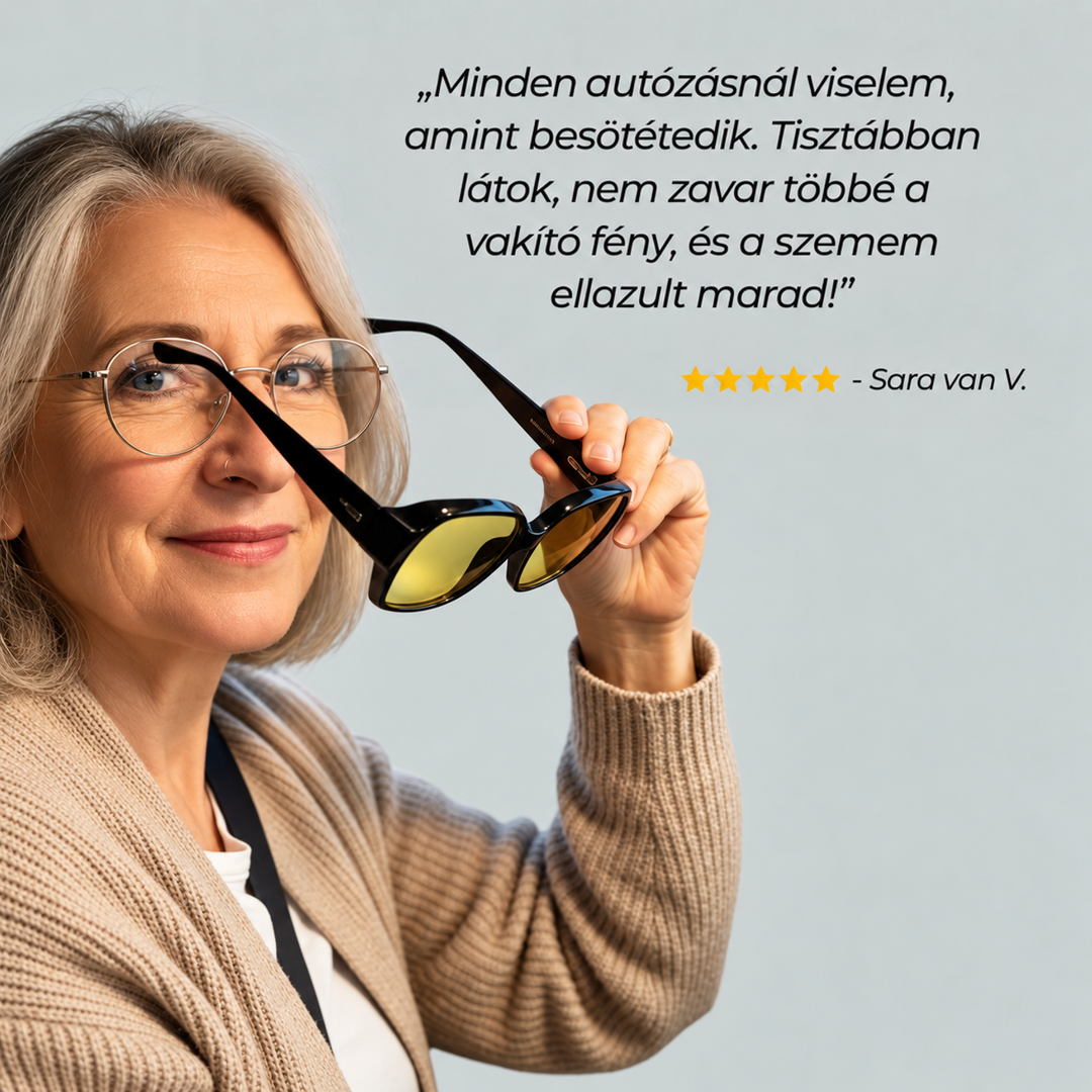 Szürke hajú, dioptriás szemüveges nő mosolyogva tart a kezében egy fekete keretes, sárga lencsés éjszakai szemüveget. 8