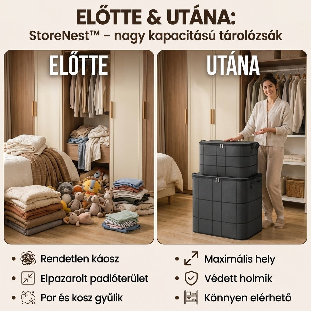Előtte-utána összehasonlítás: szétszórt ruhák és plüssjátékok a szobában, mellette két egymásra rakott fekete tárolótáska és egy mosolygó nő. 3