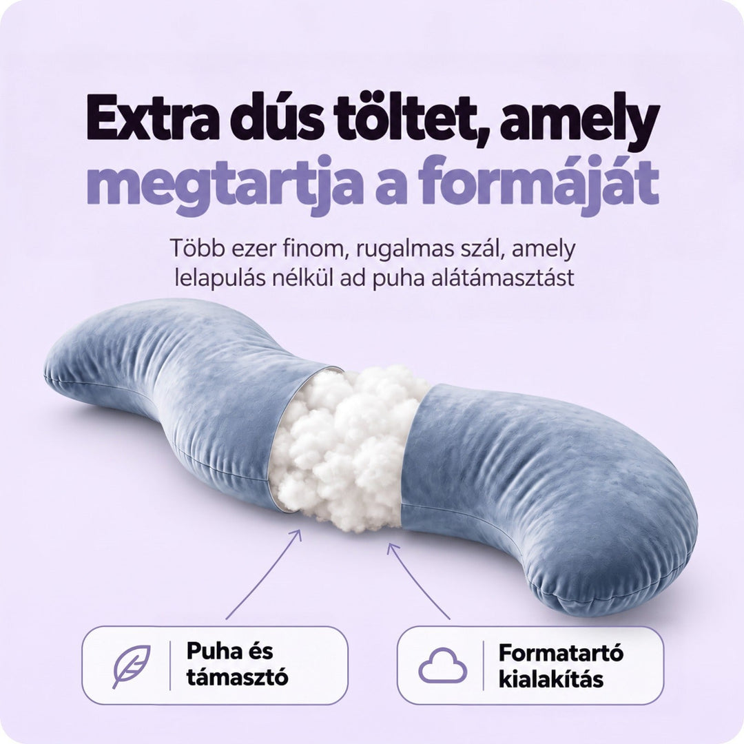 Kék testpárna középen átvágva, belsejében puha, fehér szálas töltet látszik 4