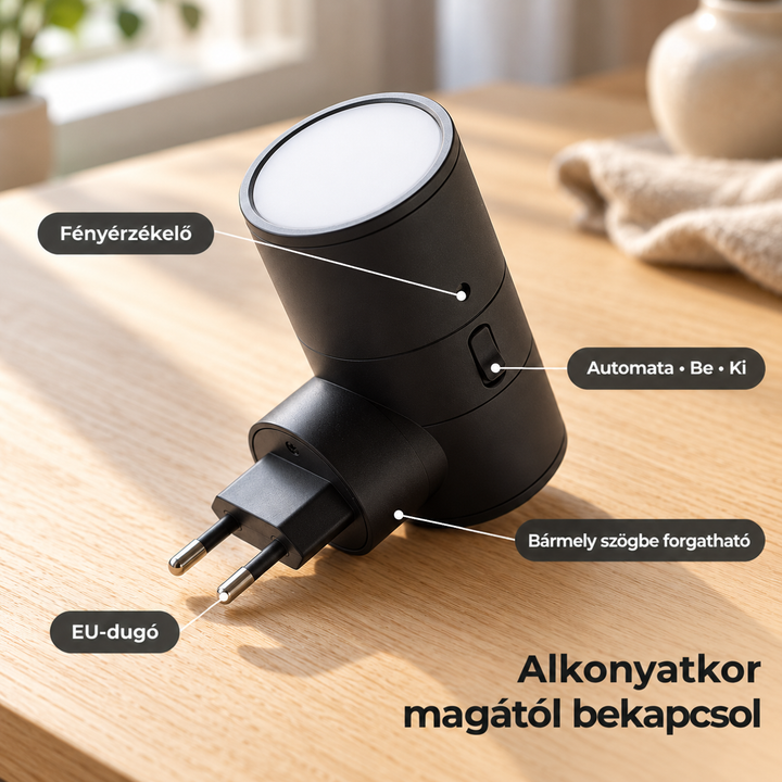 Fekete lámpa közelről egy faasztalon, a fényérzékelő, a kapcsoló és az elforgatható fej jól látszik 6