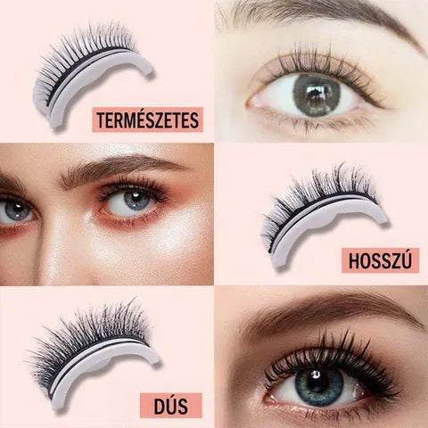Háromféle pilla egymás mellett: természetes, hosszú és dús változat, tartón és modellek szemén bemutatva. 5