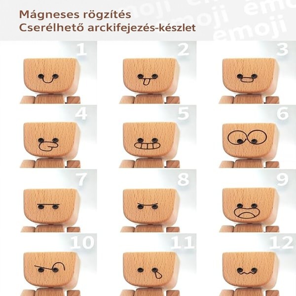 Tizenkét számozott, cserélhető mágneses arckifejezés egymás mellett, a vidám arctól a sírós és mérges arcig. 8
