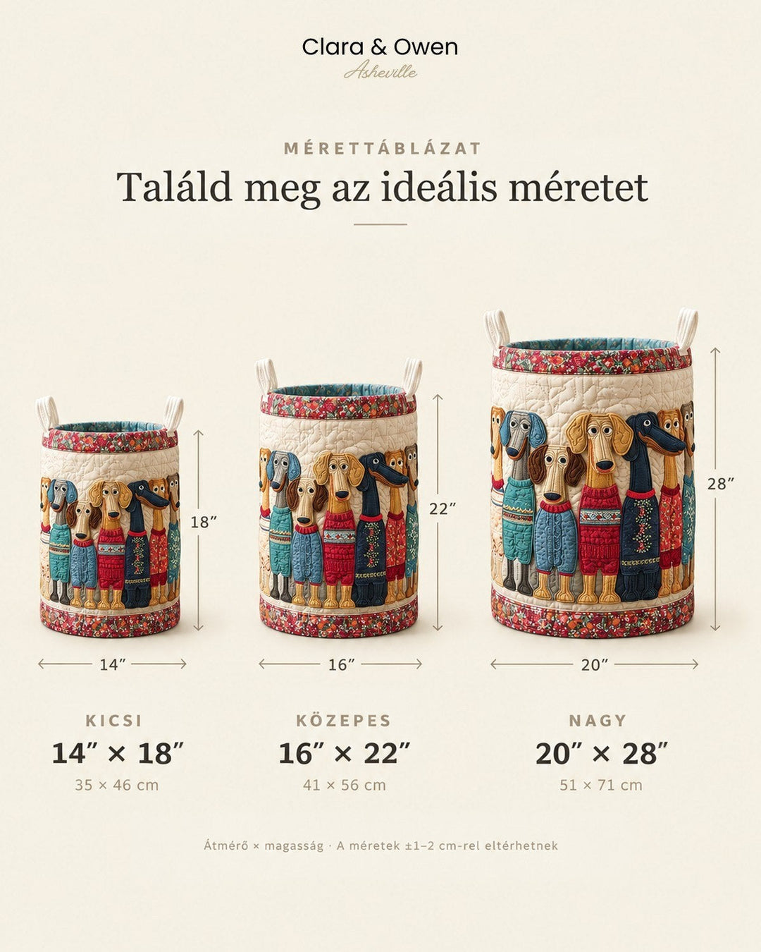 Méretábra a kosár három méretéről egymás mellett, átmérőt és magasságot jelző nyilakkal 5
