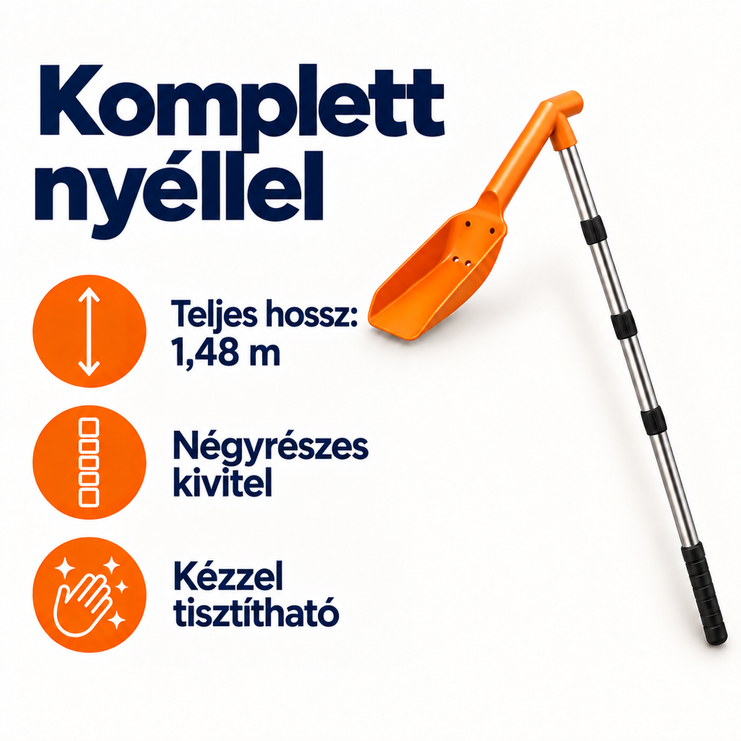 A teljes eszköz fehér háttéren, mellette ikonok a hosszról, a négy részről és a kézi tisztításról 5