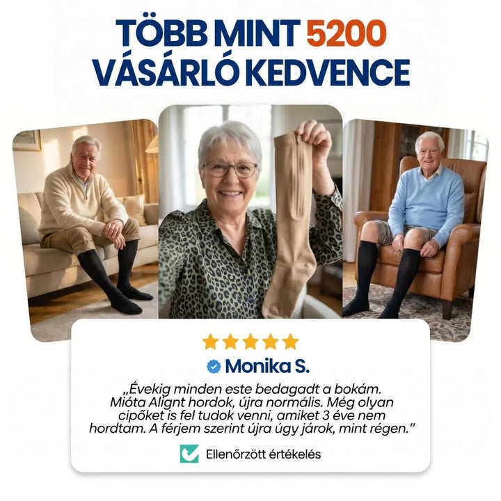 Három mosolygó idős vásárló fekete és testszínű harisnyával, alattuk ötcsillagos vásárlói vélemény 9