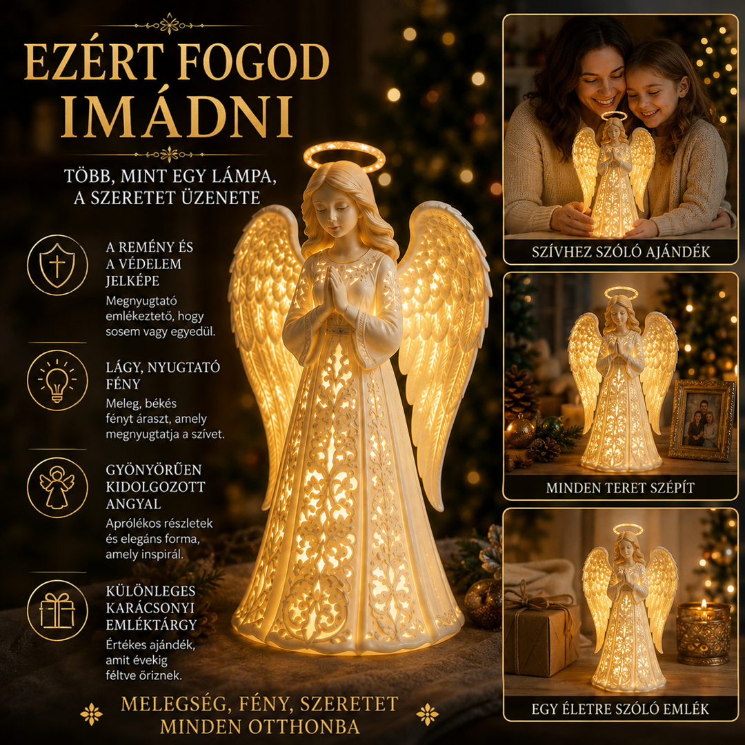 Izzó, áttört mintás angyalfigura nagyban, mellette három kis kép: családi ajándékozás és díszítés 2