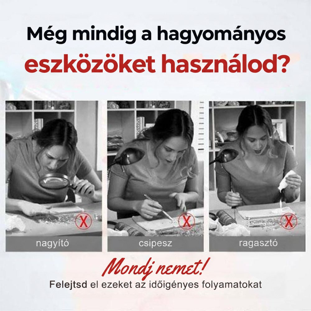 Három fekete-fehér képen egy nő nagyítóval, csipesszel és ragasztóval babrál apró kövekkel, áthúzott jelekkel 2