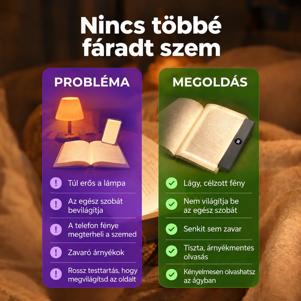 Összehasonlító grafika a hagyományos lámpa és telefonfény hátrányairól, valamint a lapos olvasólámpa előnyeiről 4