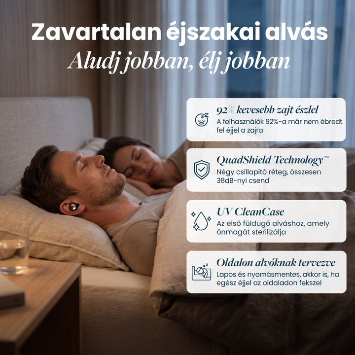 Angol feliratos kép az ágyban alvó párról, a férfi füldugót visel, négy előny kártyán összefoglalva. 18