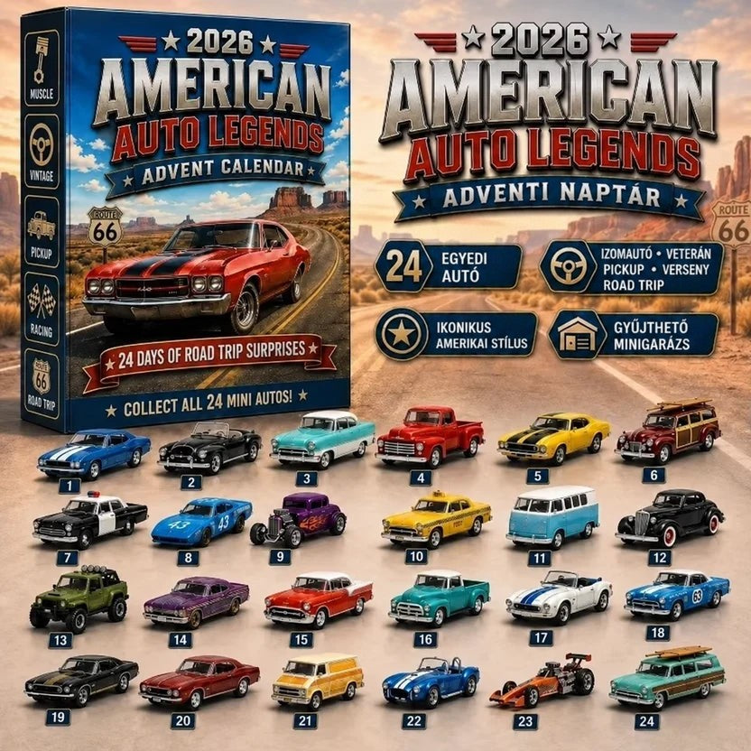 Amerikai autólegendás naptárdoboz sivatagi úttal, alatta sorokba rendezett, számozott miniatűr autók 4