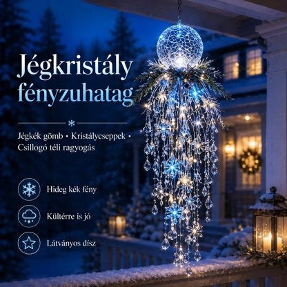 Jégkék gömbös, kristálycseppes függő dísz verandán, esti havas hangulatban, előnyöket felsoroló ikonokkal 21