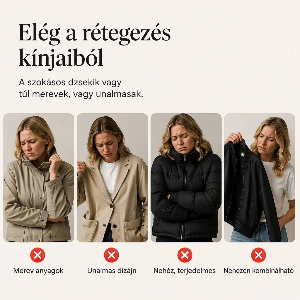 Négy kockás összehasonlítás, ahol a nő hétköznapi kabátokat próbál, és elégedetlen az összeállítással 5