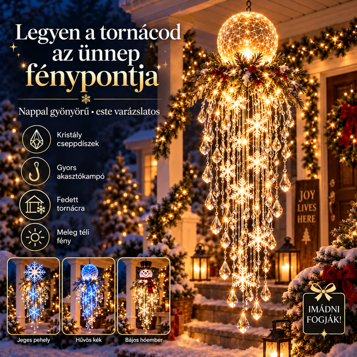 Meleg fényű gömbös függő dísz a verandán, alul három további kivitel kis képeken 24